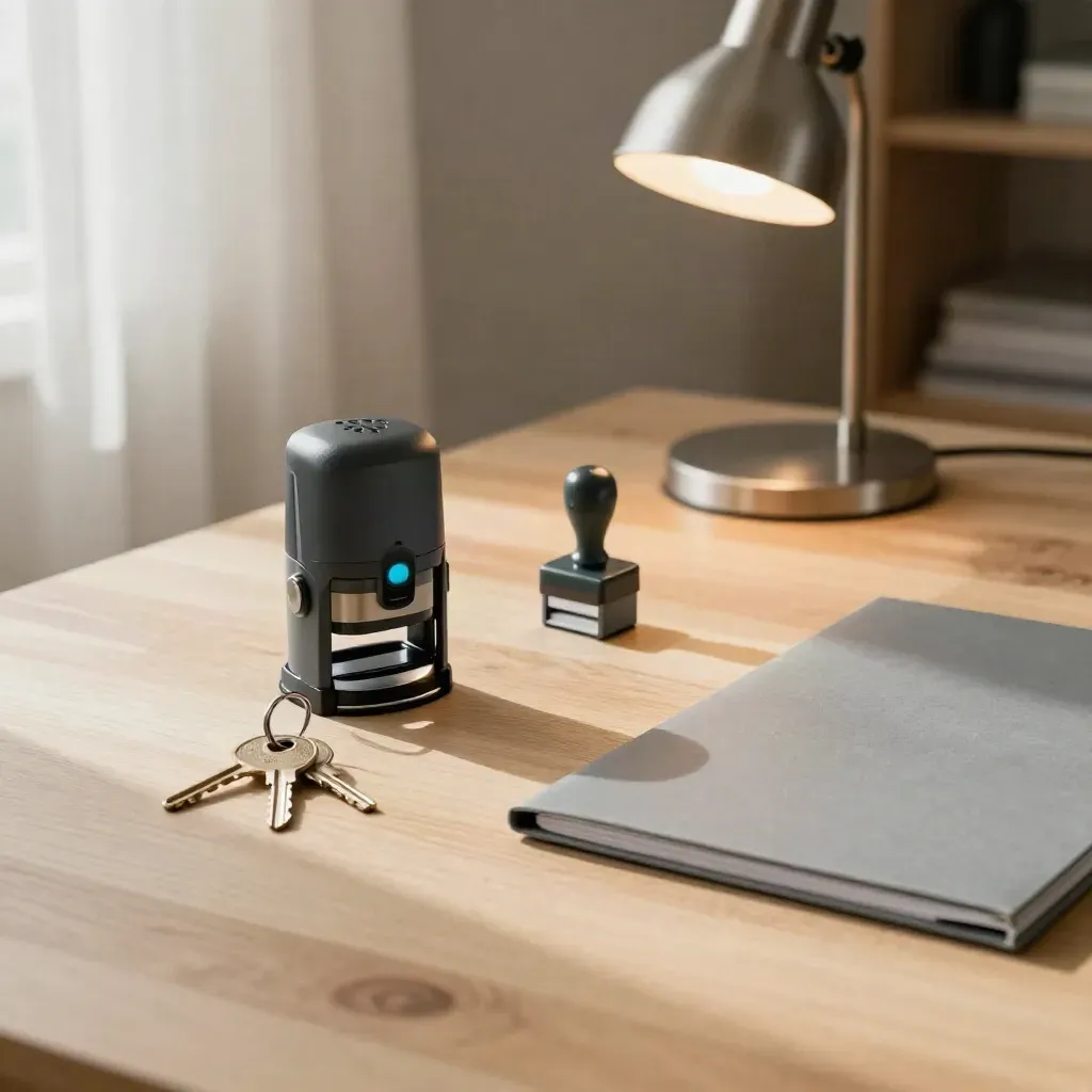 Angolo studio con router, chiavi, timbro, cartella chiusa e lampada accesa su legno chiaro.