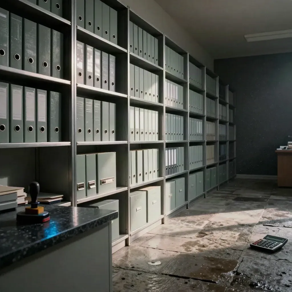 Studio fiscale con cartelle chiuse, timbri e scaffali metallici, luce drammatica e foschia.