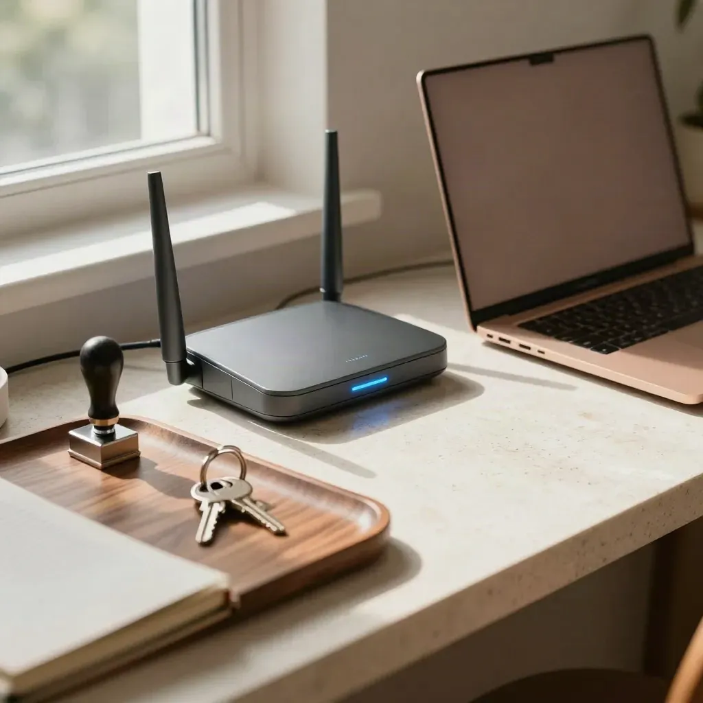Home office freelance pronto, con chiavi, router, laptop chiuso, timbro e agenda su luce mattutina.